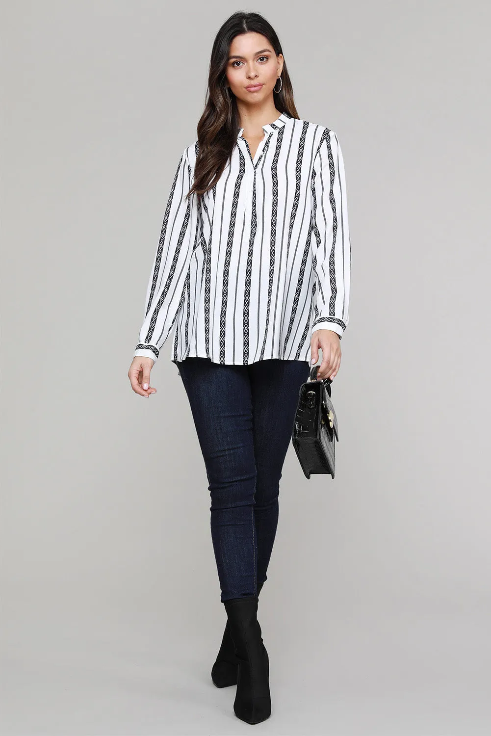 Classic Black White Striped V Neck Button Up Blouse