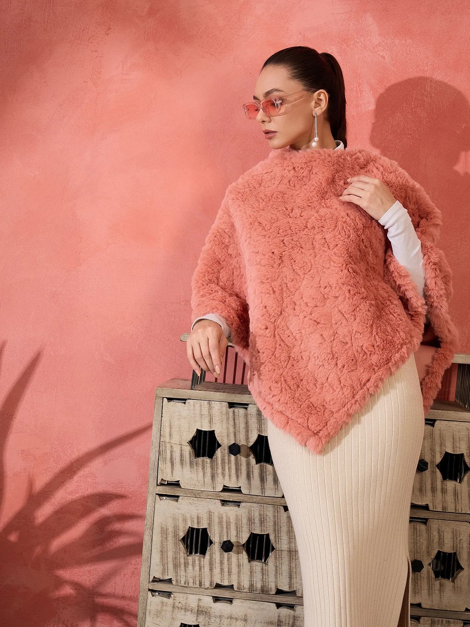 Coral Rabbit Faux Fur Poncho