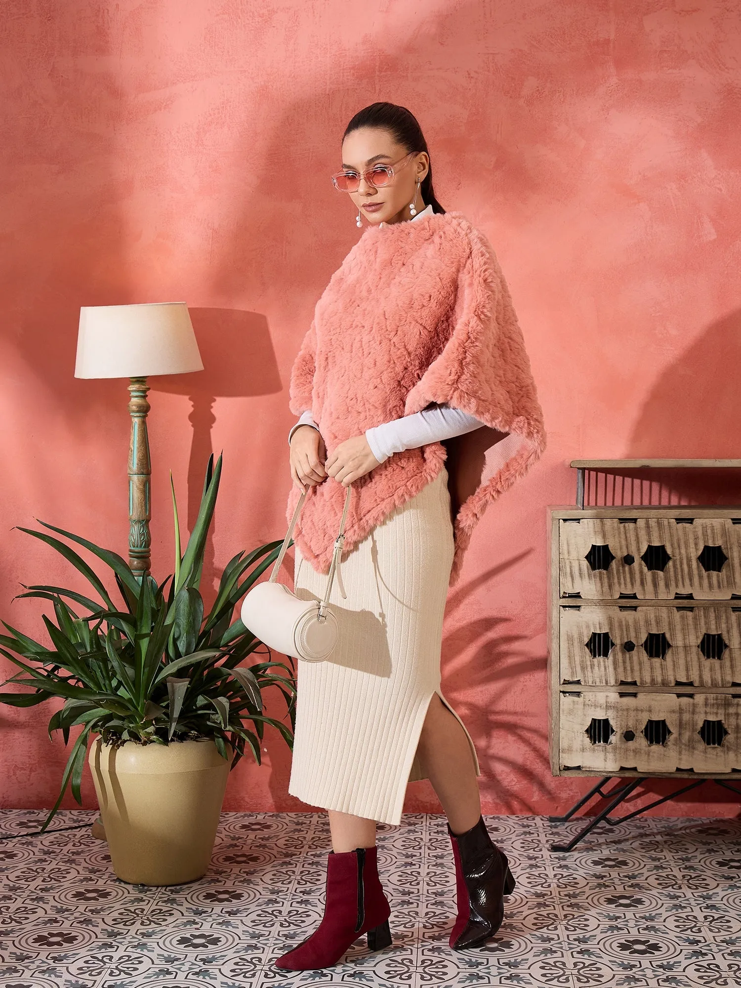 Coral Rabbit Faux Fur Poncho