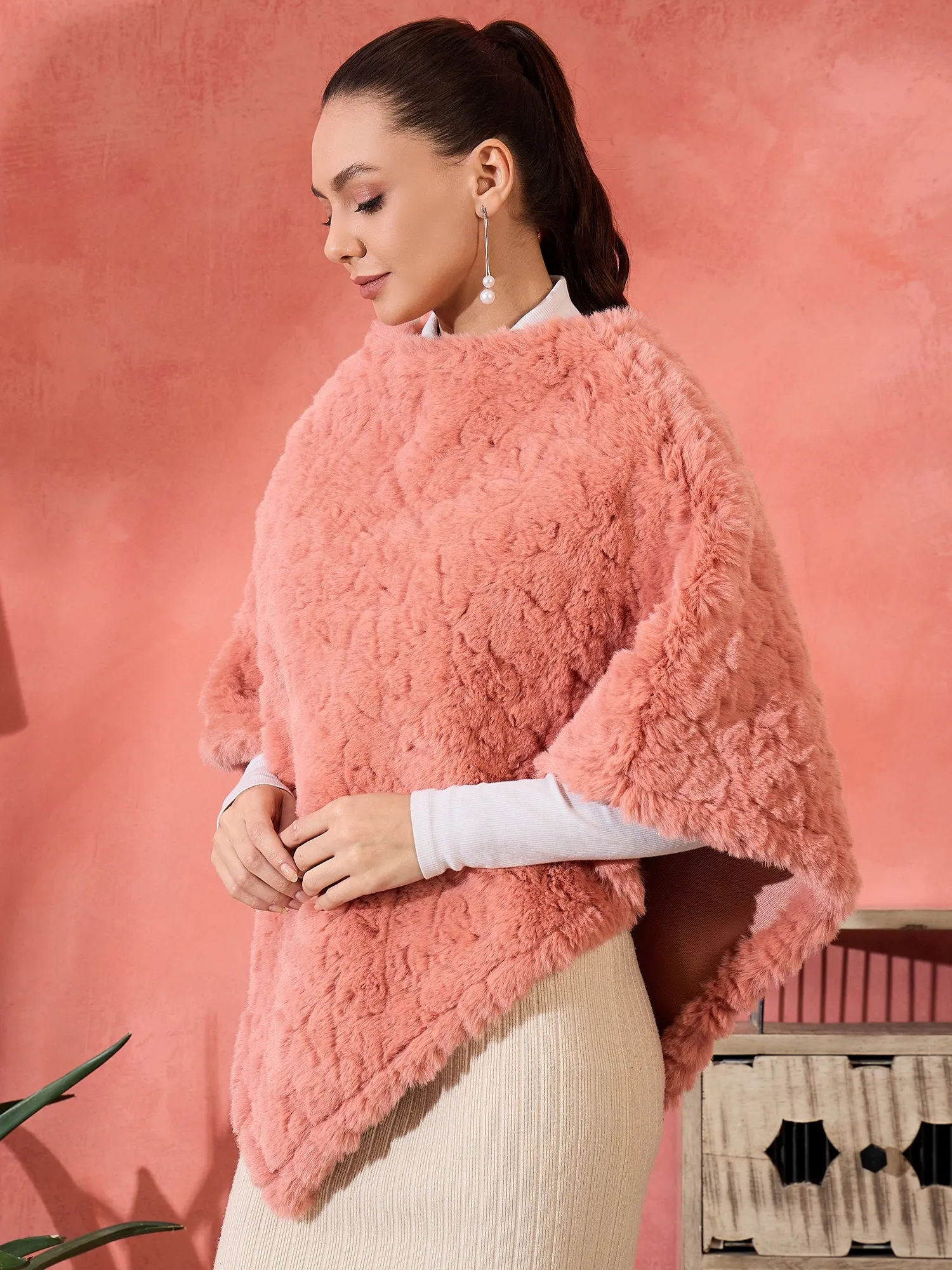 Coral Rabbit Faux Fur Poncho