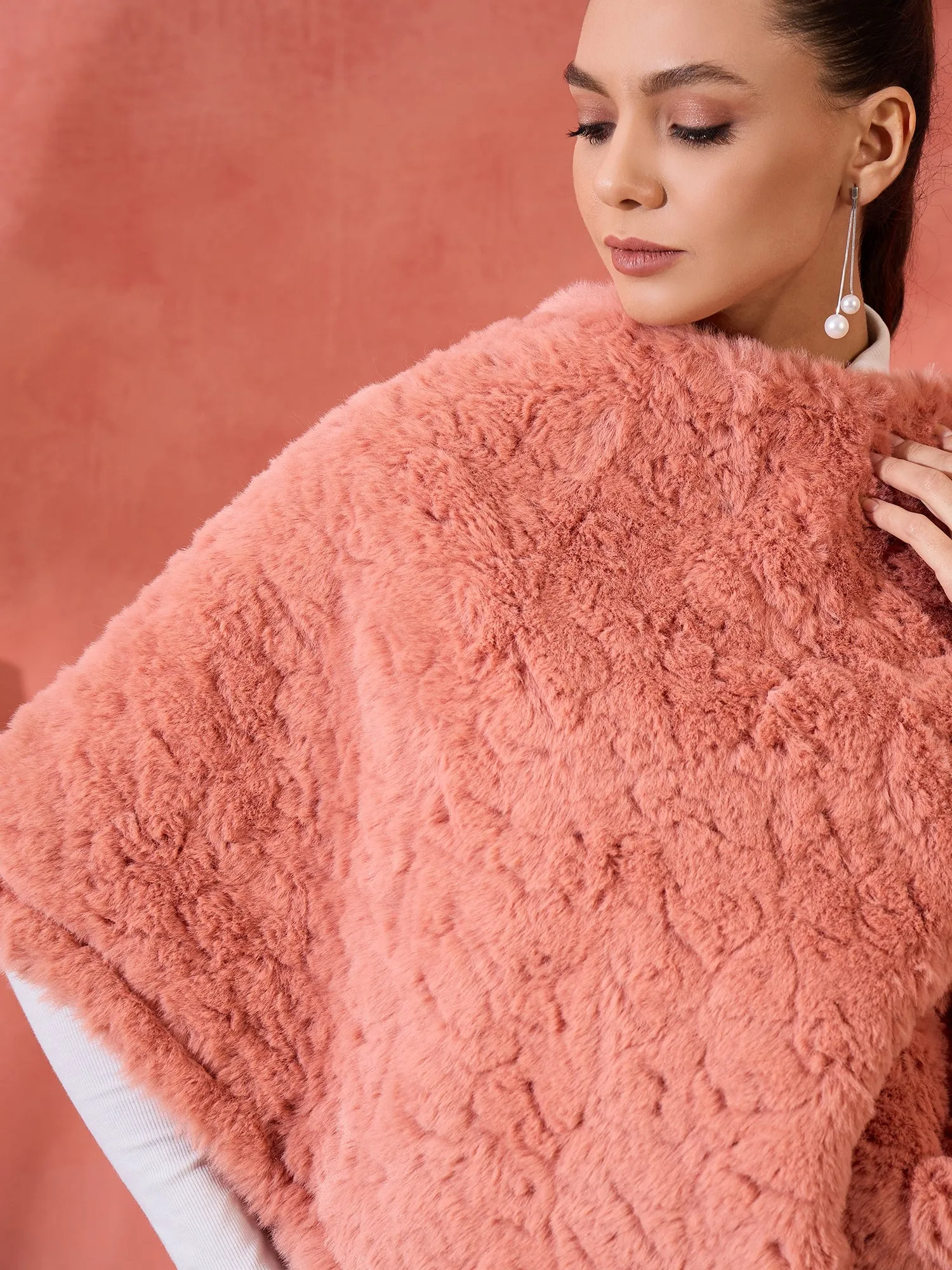 Coral Rabbit Faux Fur Poncho