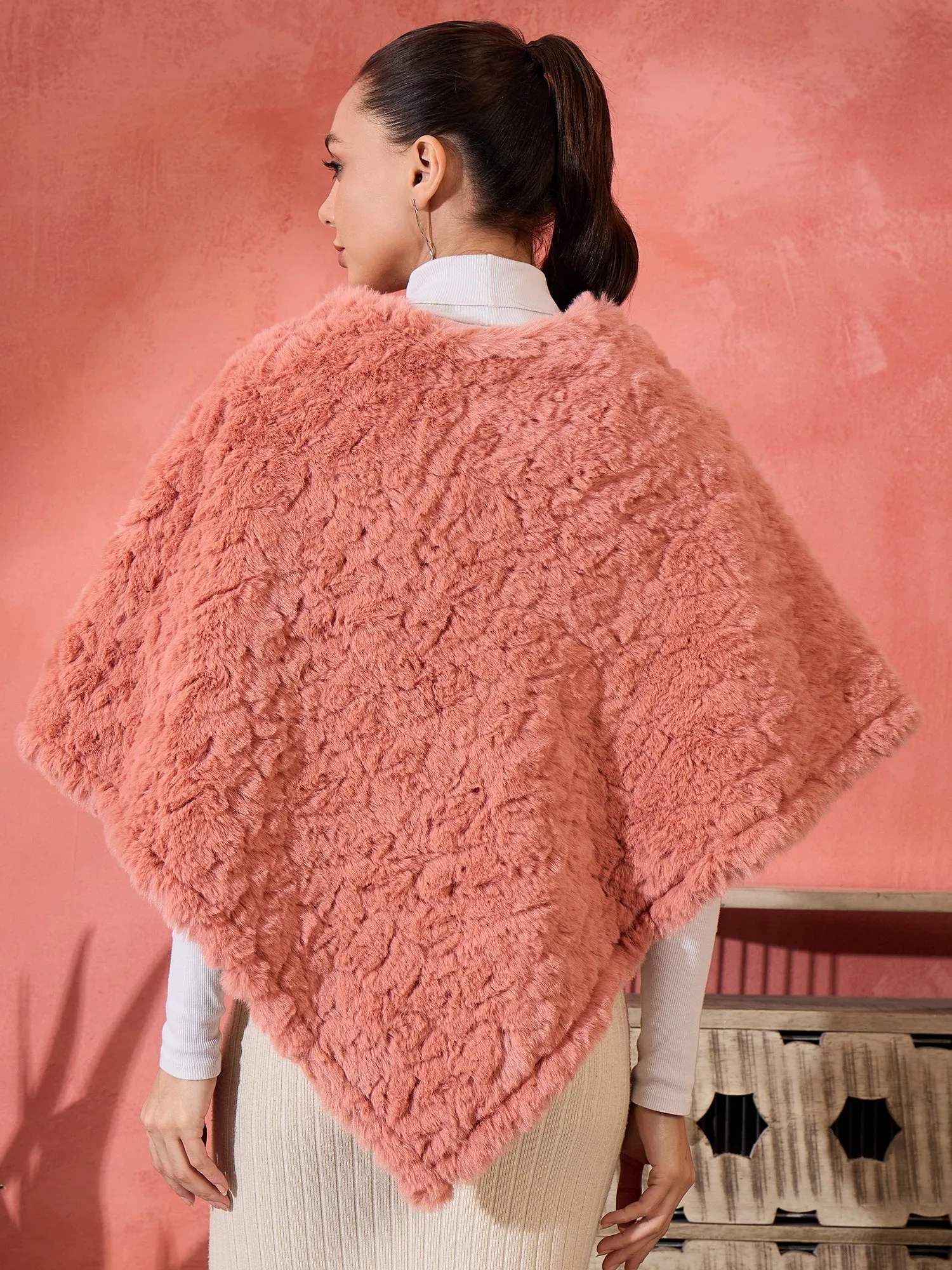 Coral Rabbit Faux Fur Poncho