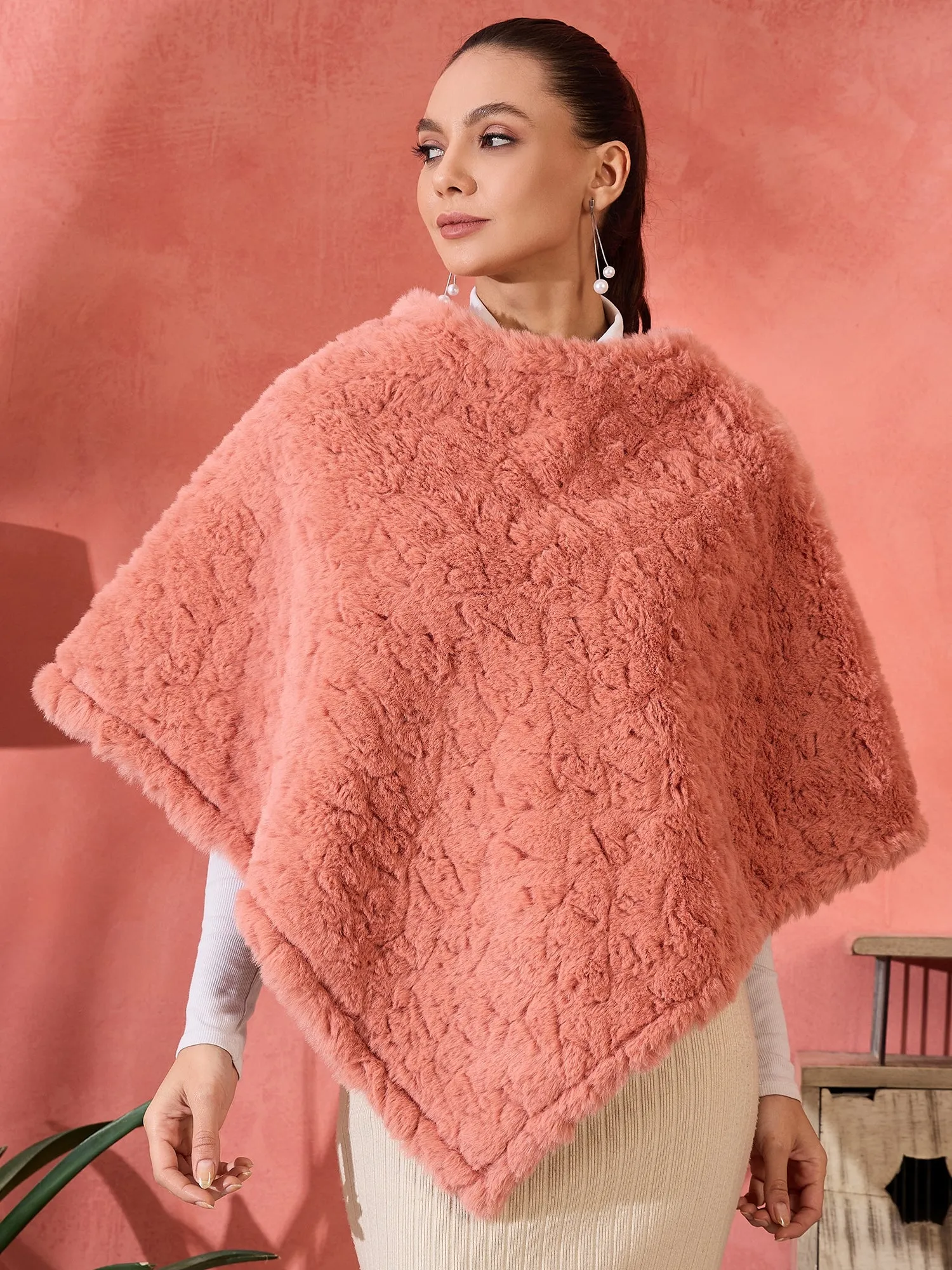 Coral Rabbit Faux Fur Poncho