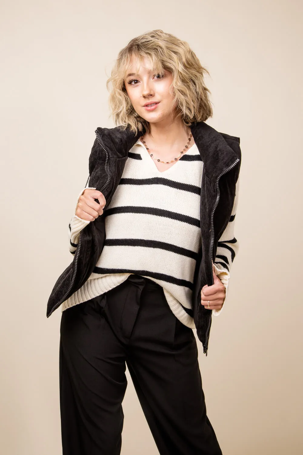 Corduroy Puffer Vest for Women in Black | H14995A-BLK