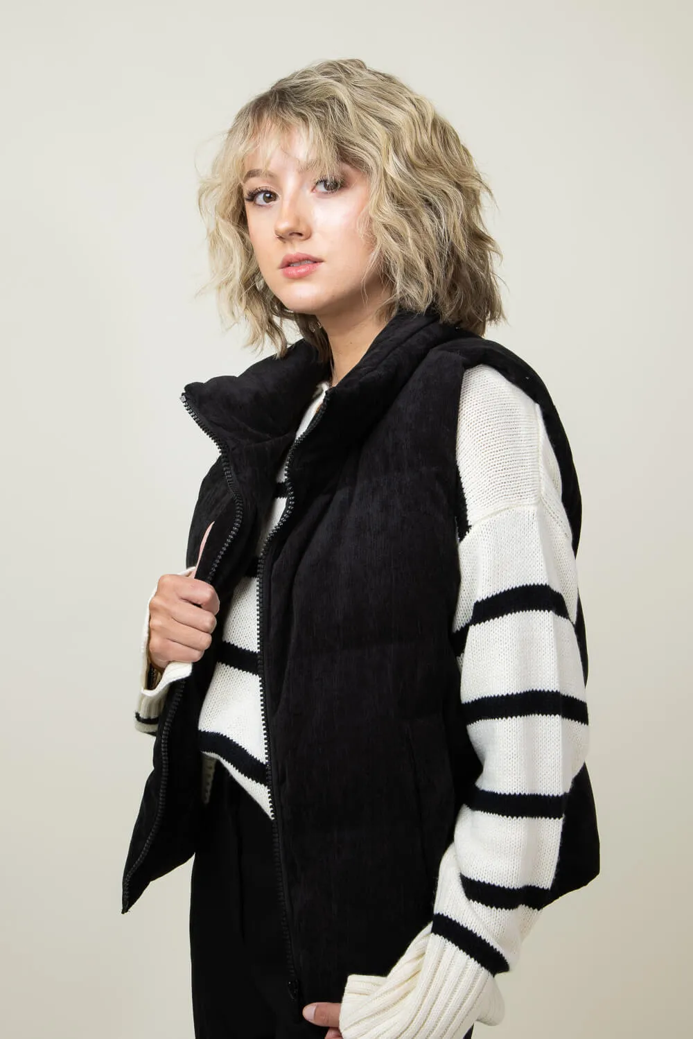 Corduroy Puffer Vest for Women in Black | H14995A-BLK
