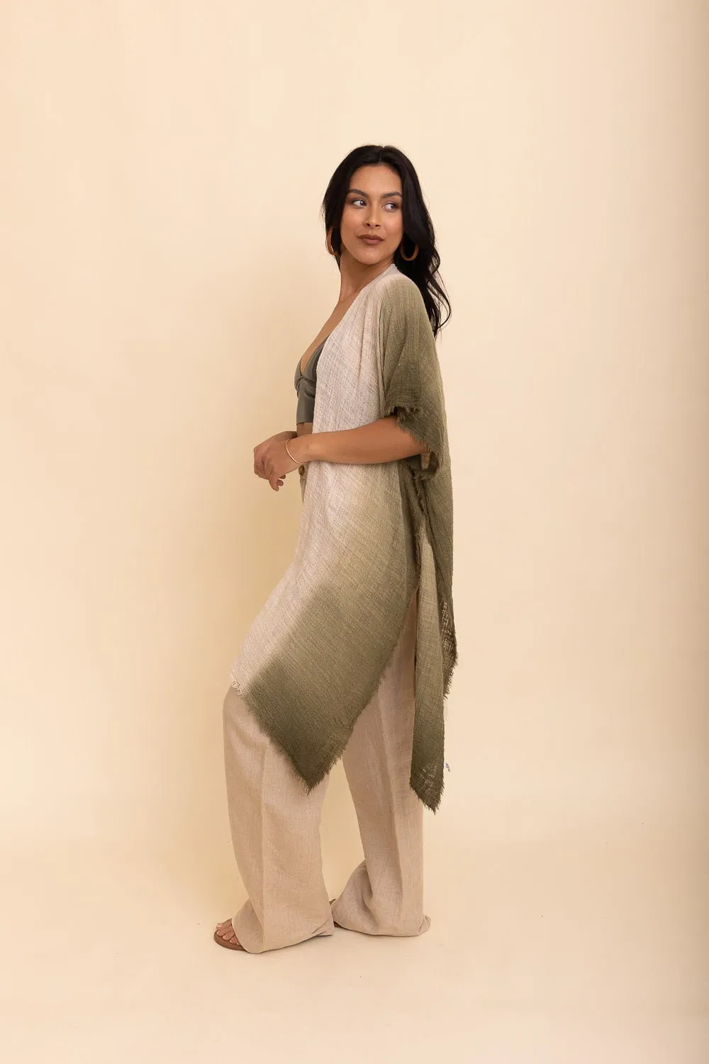 Cotton Sage Green Ombre Kimono Duster, Solid Color Kimonos