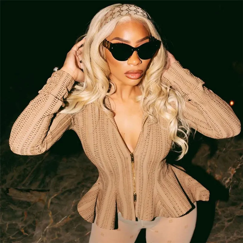 Cross-Border European and American Foreign Trade2023Women's New Collection for Autumn Sexy Slim Long Sleeve Crocheted Lotus Leaf Edge Polo Collar Top Female