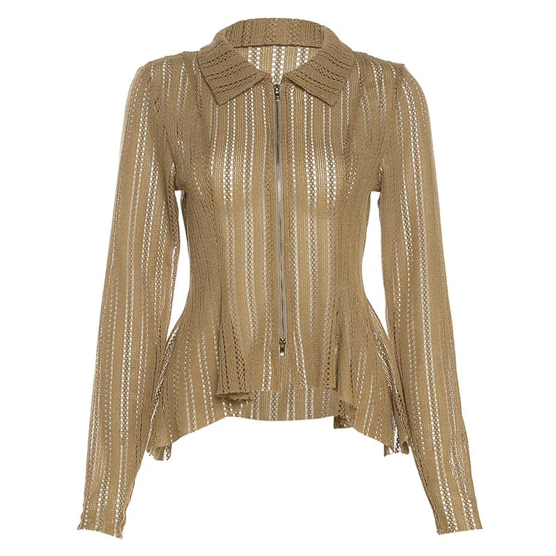 Cross-Border European and American Foreign Trade2023Women's New Collection for Autumn Sexy Slim Long Sleeve Crocheted Lotus Leaf Edge Polo Collar Top Female