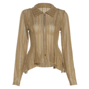 Cross-Border European and American Foreign Trade2023Women's New Collection for Autumn Sexy Slim Long Sleeve Crocheted Lotus Leaf Edge Polo Collar Top Female