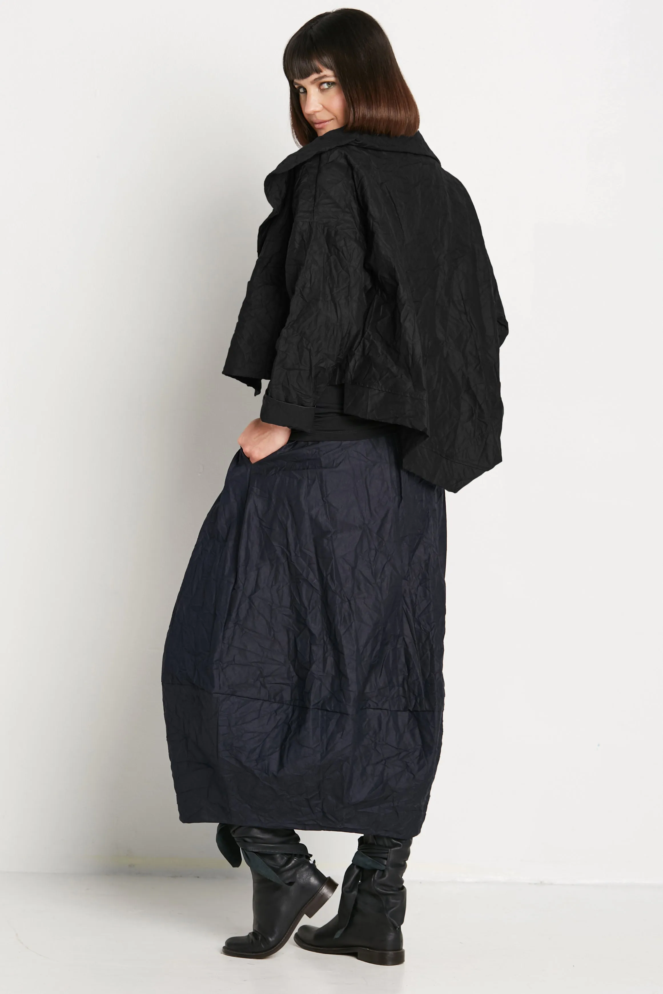 Crushed Nylon Cropped Asymmetrical Jacket
