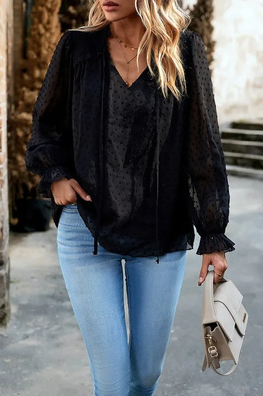 Dainty Dot Smocked Shoulder Blouse