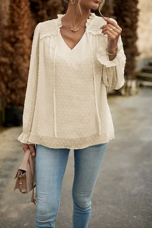 Dainty Dot Smocked Shoulder Blouse