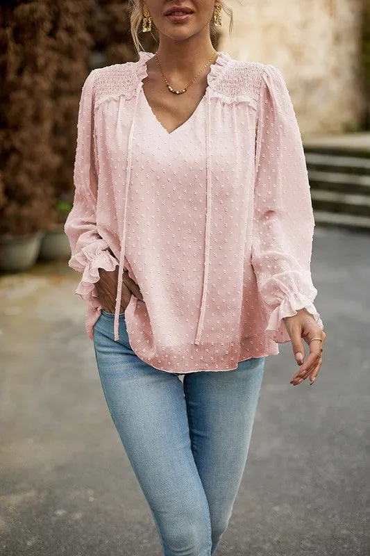 Dainty Dot Smocked Shoulder Blouse
