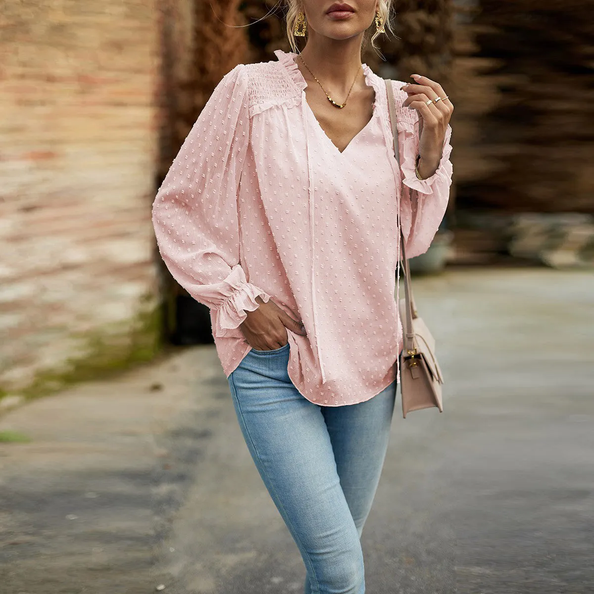 Dainty Dot Smocked Shoulder Blouse