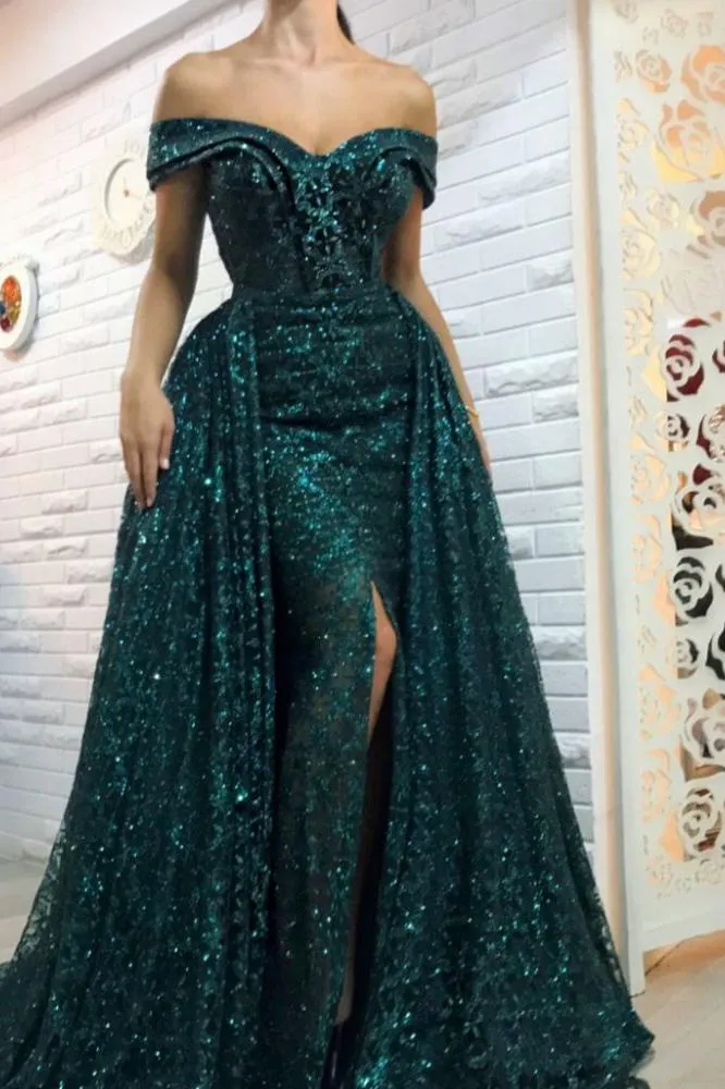 Dark Green Off-the-Shoulder Sparkle Long Evening Dresses Sheath Chic High Split Overskirt Prom Dresses