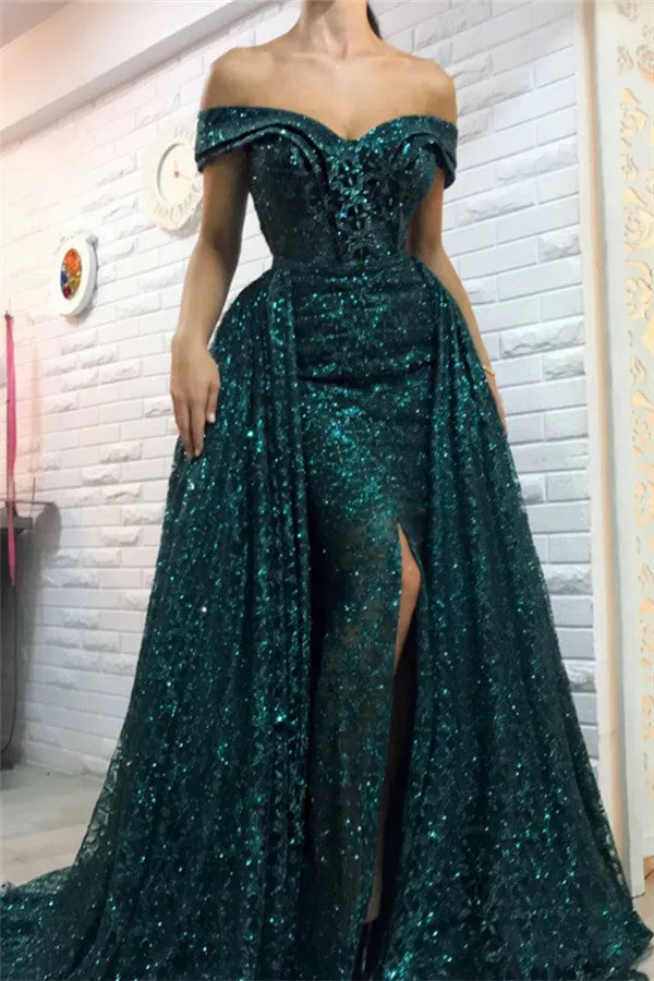 Dark Green Off-the-Shoulder Sparkle Long Evening Dresses Sheath Chic High Split Overskirt Prom Dresses