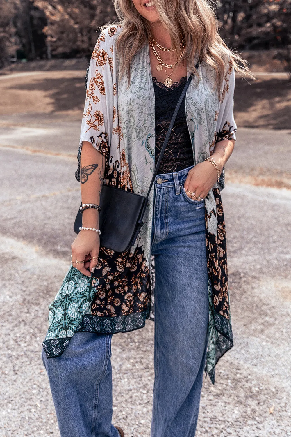 Davina Open Front Printed Half Sleeve Cover Up