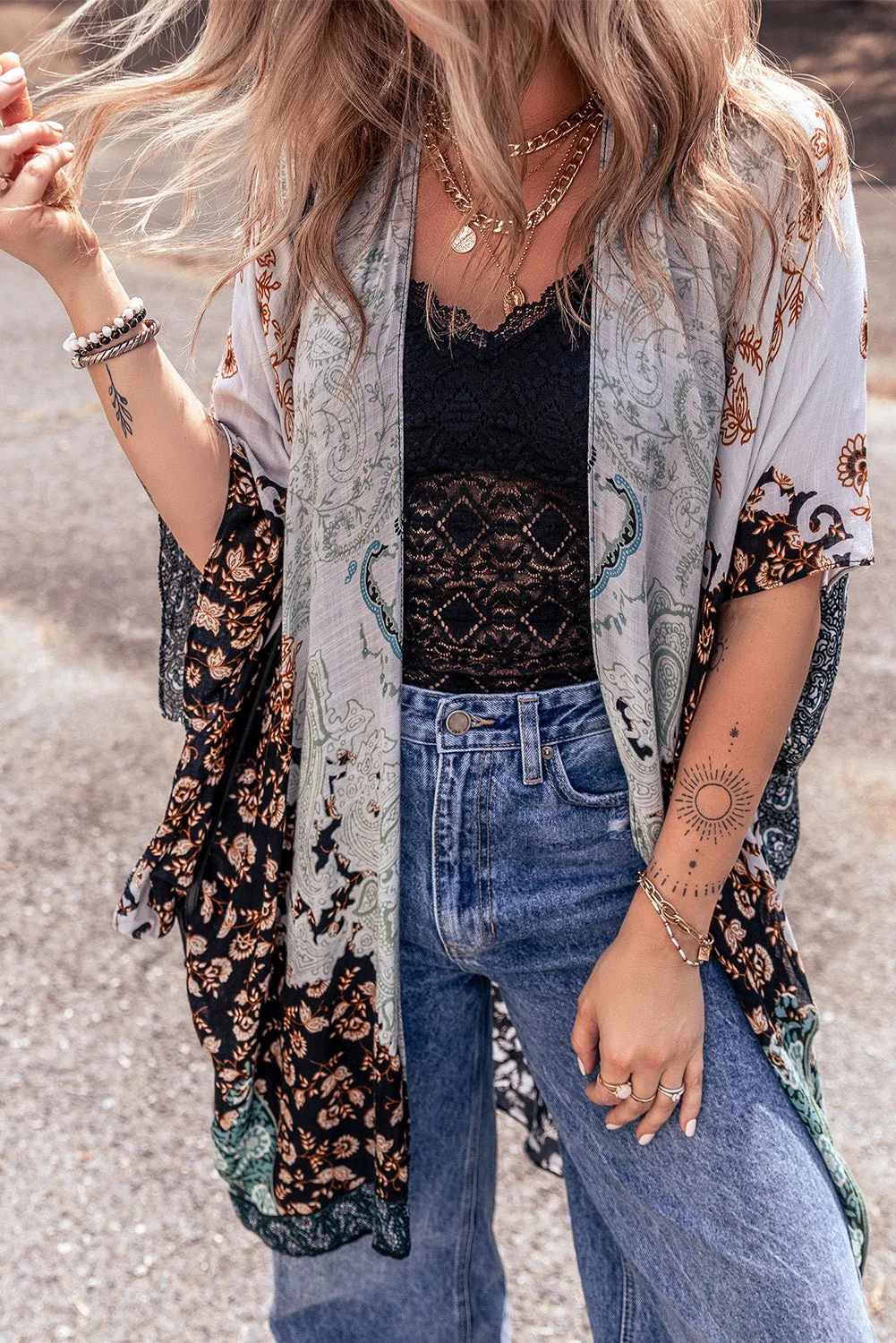Davina Open Front Printed Half Sleeve Cover Up