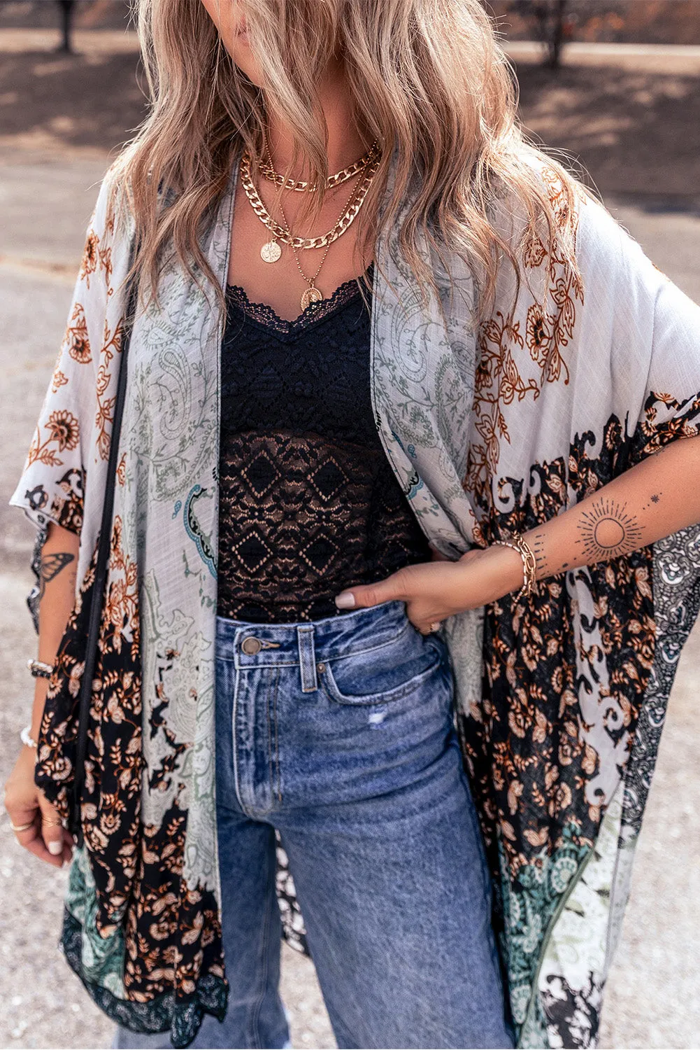 Davina Open Front Printed Half Sleeve Cover Up