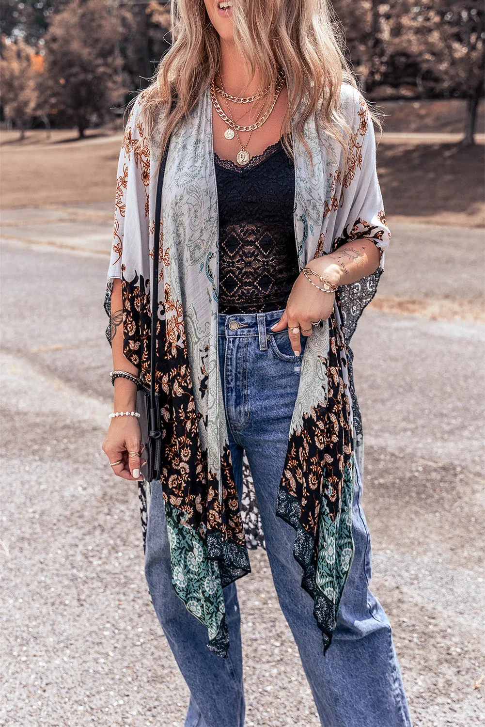 Davina Open Front Printed Half Sleeve Cover Up