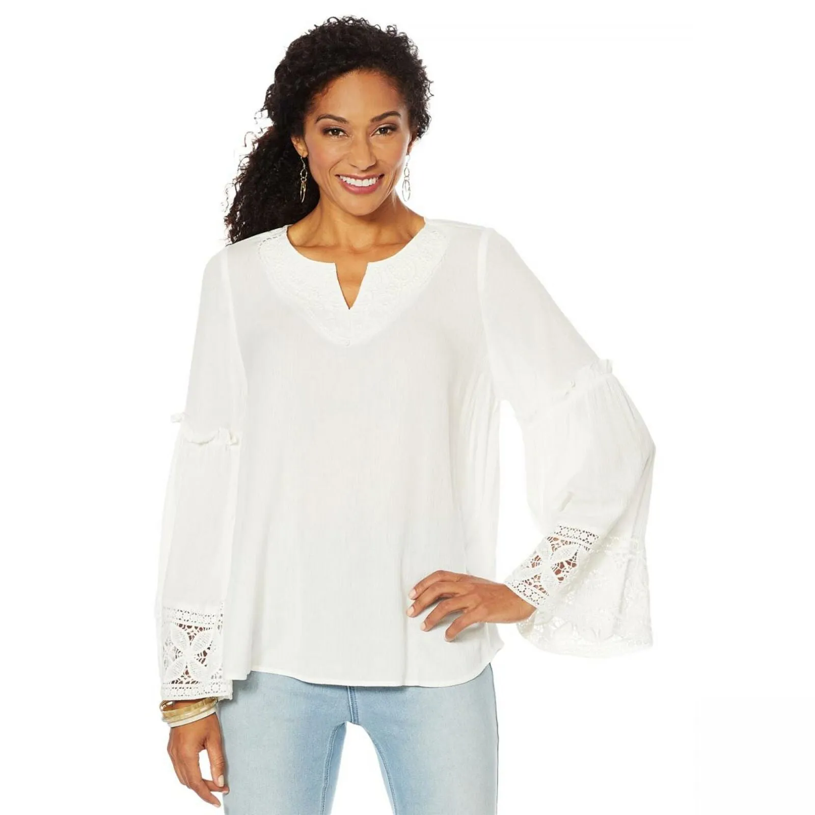 DG2 by Diane Gilman Women's Flare Sleeve Top With Crochet Trim White Medium