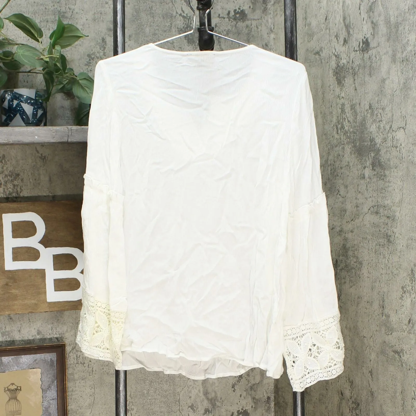 DG2 by Diane Gilman Women's Flare Sleeve Top With Crochet Trim White Medium
