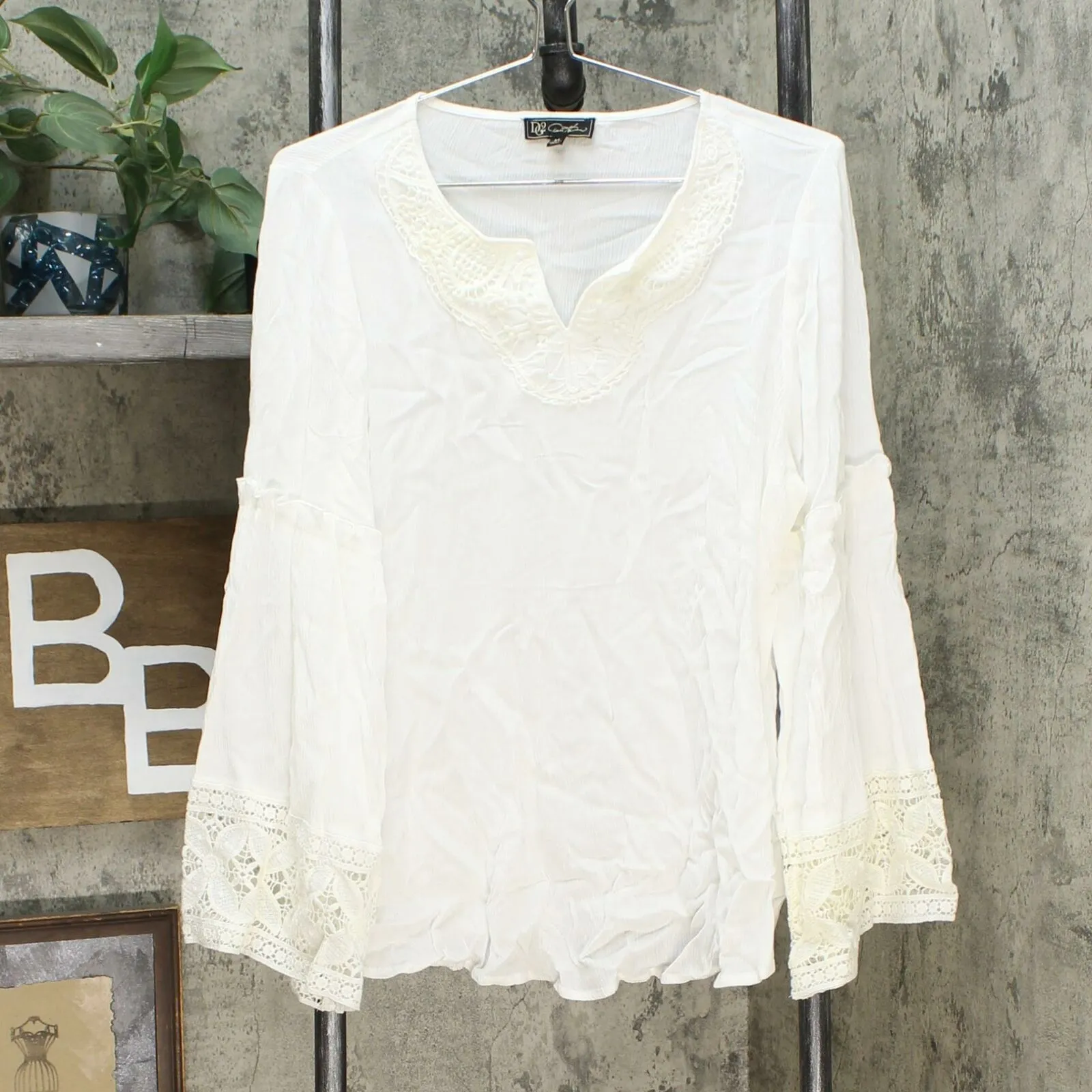 DG2 by Diane Gilman Women's Flare Sleeve Top With Crochet Trim White Medium