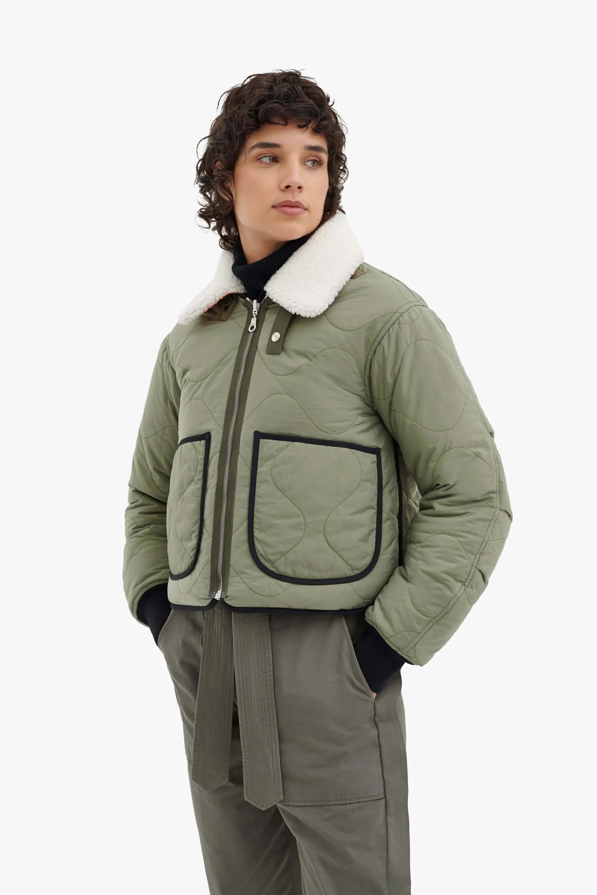 Down Cropped Aviator Jacket - Black / Eucalyptus