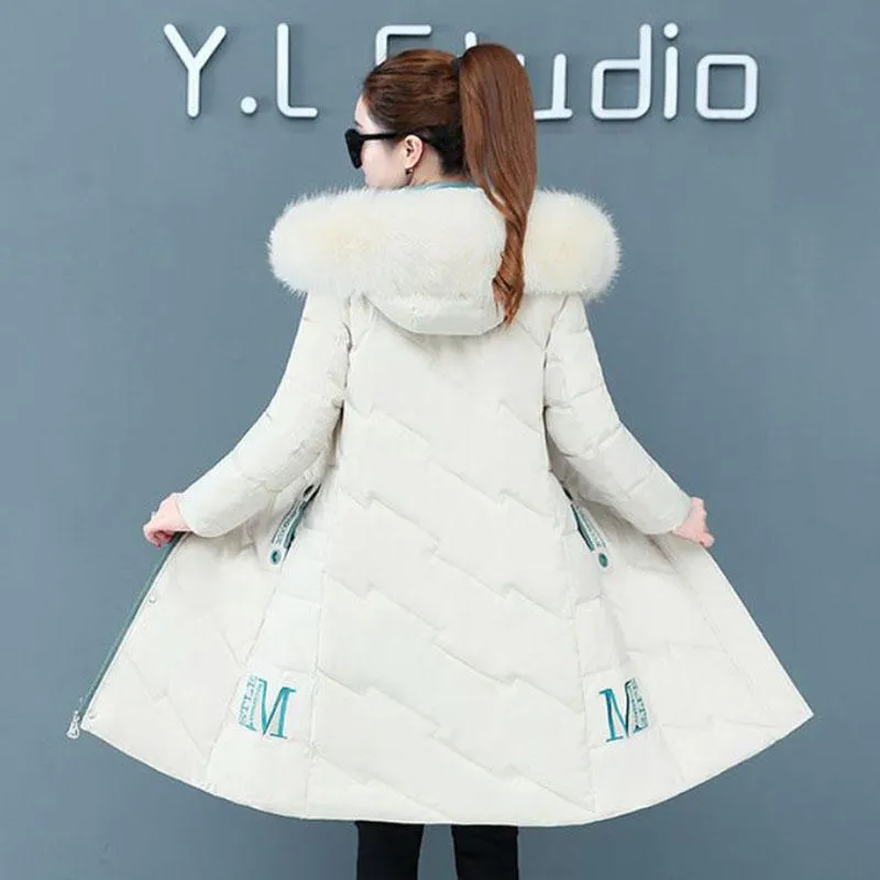 Down Jacket Winter Korean Fashion Big Fur Collar Mid-length Hooded Thick Warm Large Size Jacket Suitable for Women