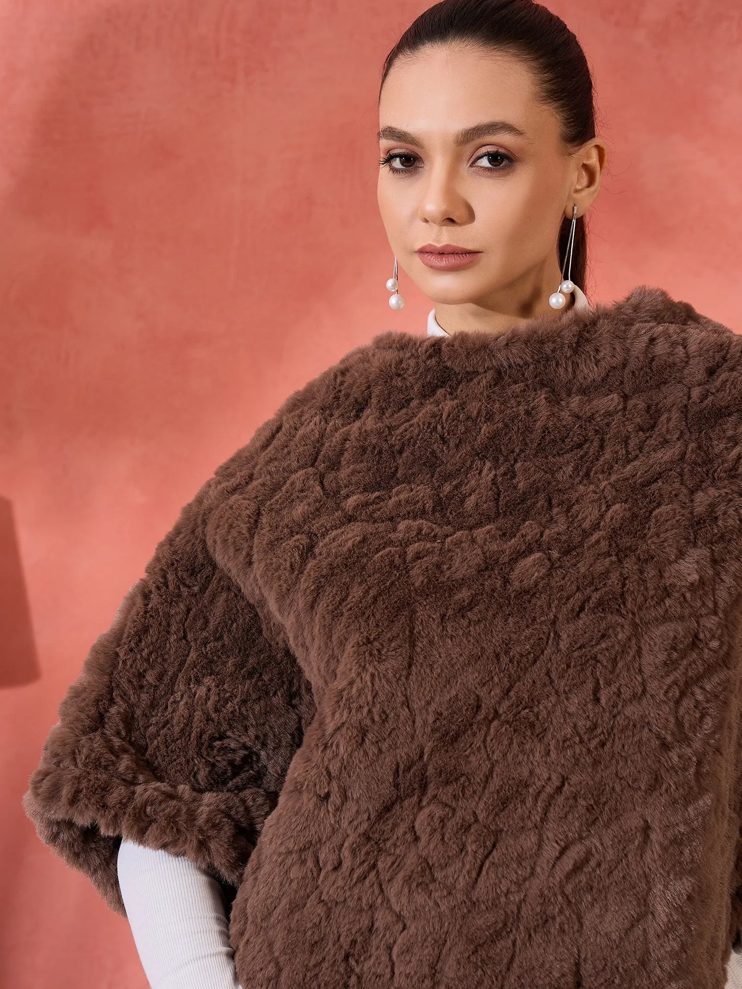 Dull Brown Rabbit Faux Fur Poncho