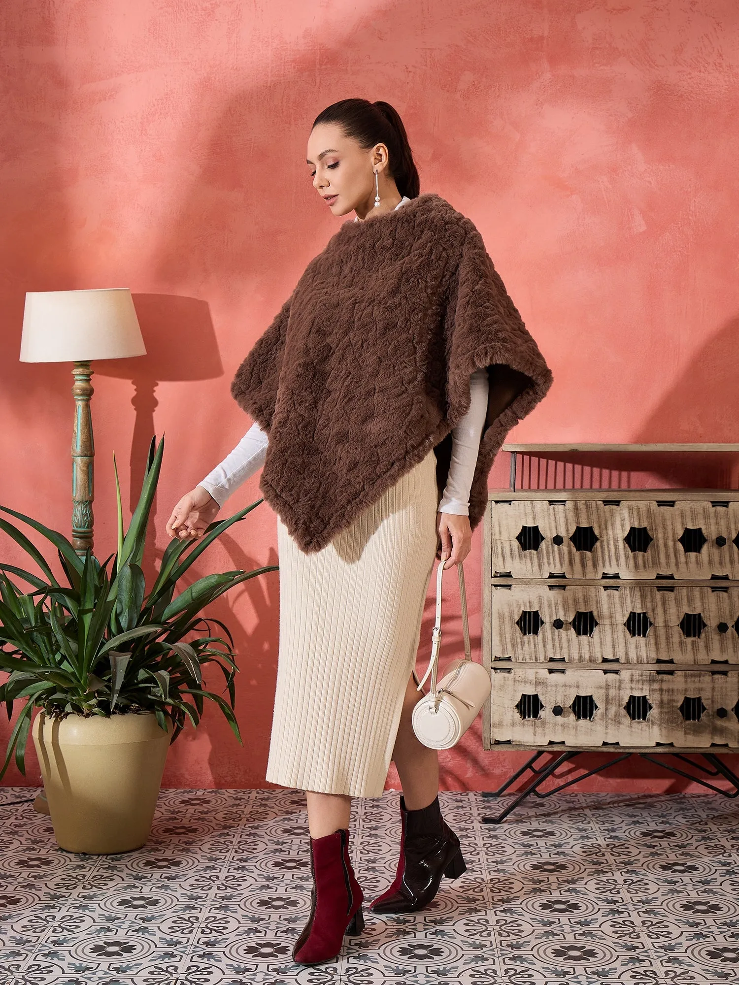 Dull Brown Rabbit Faux Fur Poncho