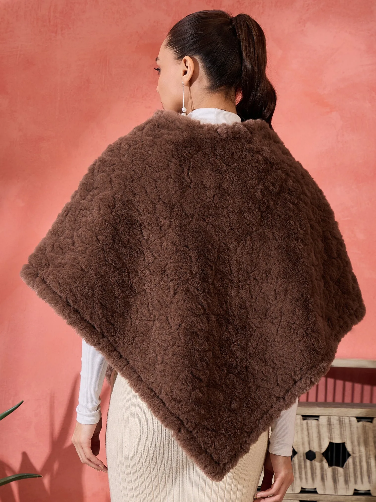 Dull Brown Rabbit Faux Fur Poncho