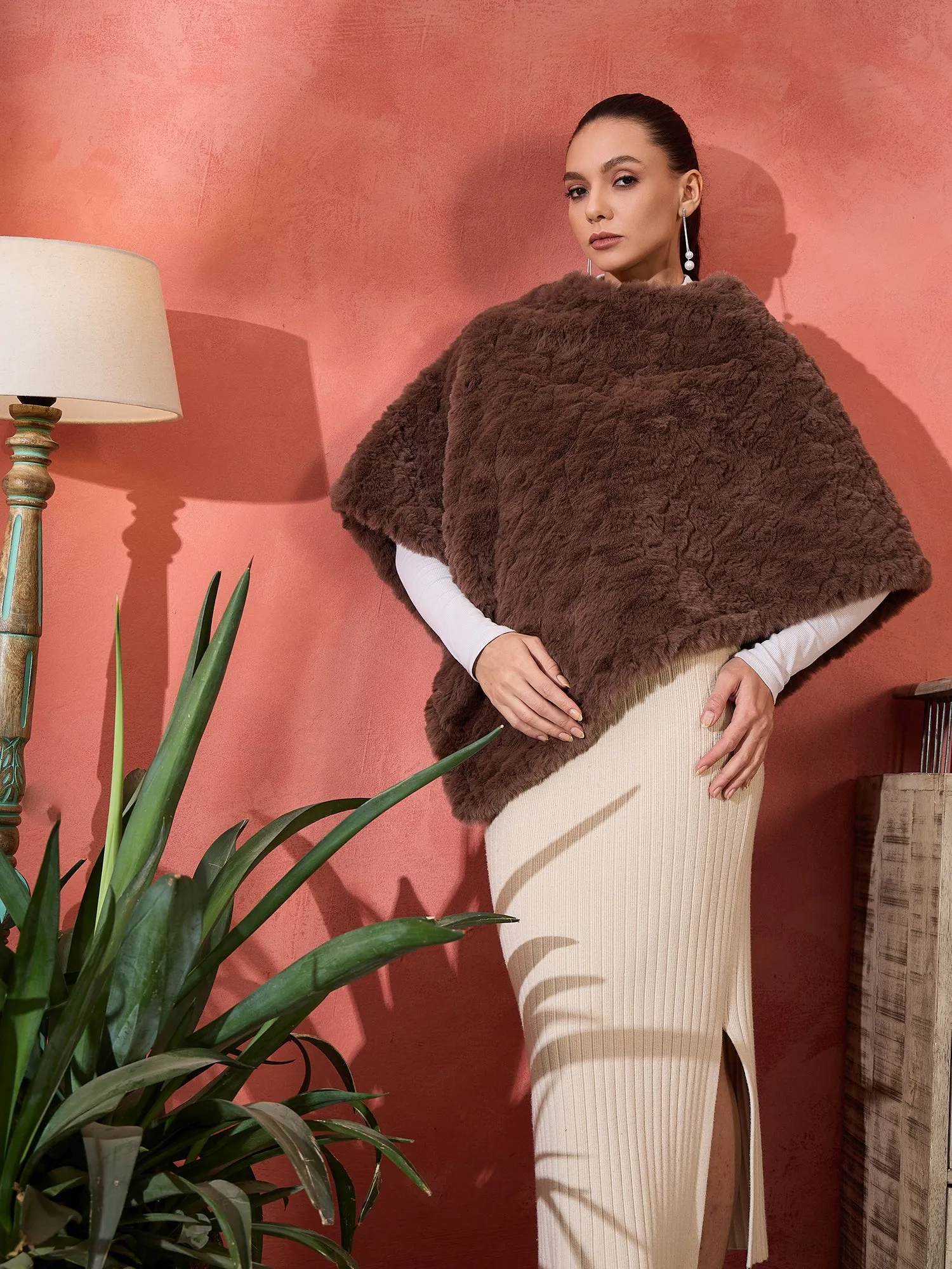 Dull Brown Rabbit Faux Fur Poncho