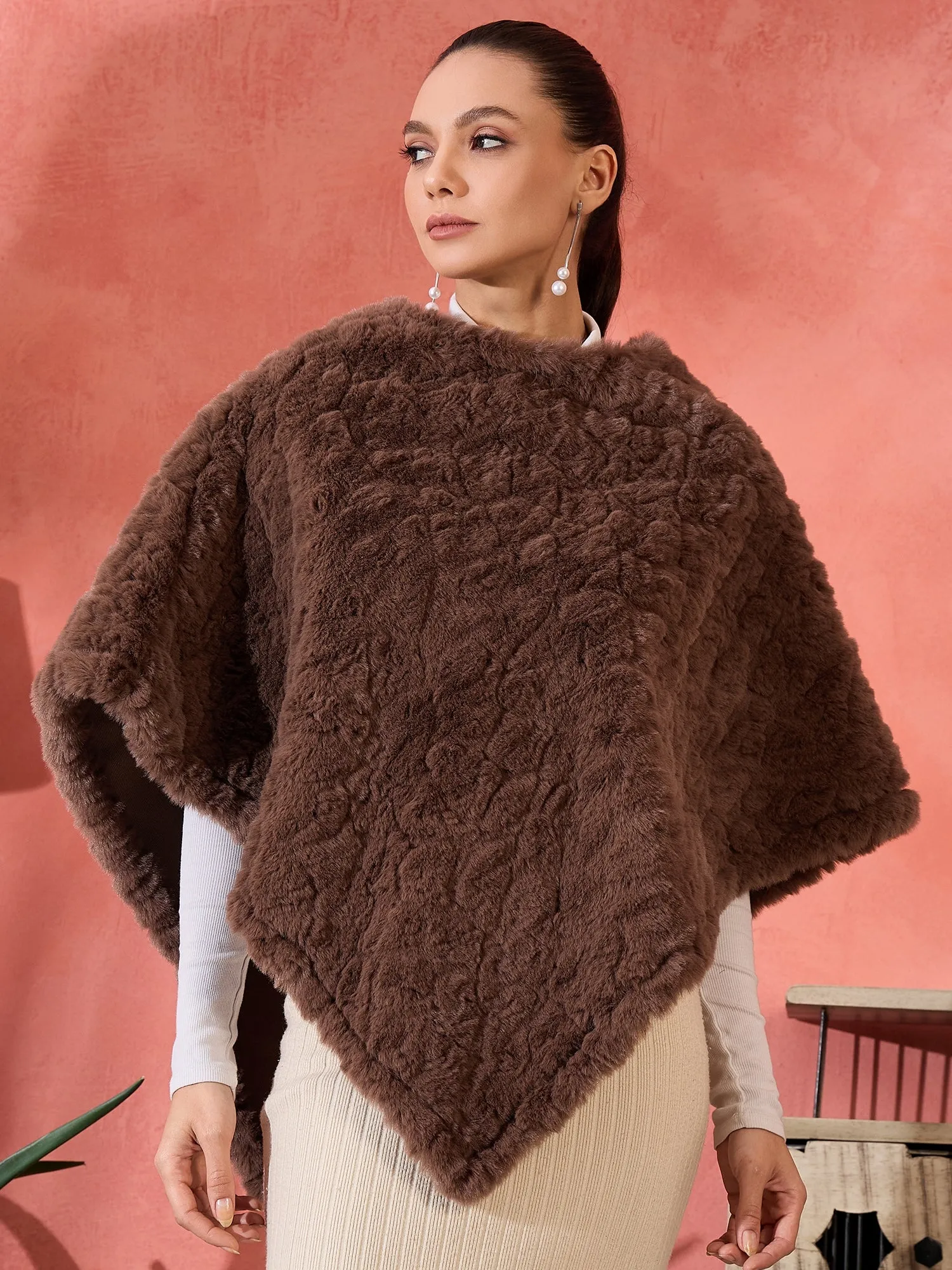 Dull Brown Rabbit Faux Fur Poncho
