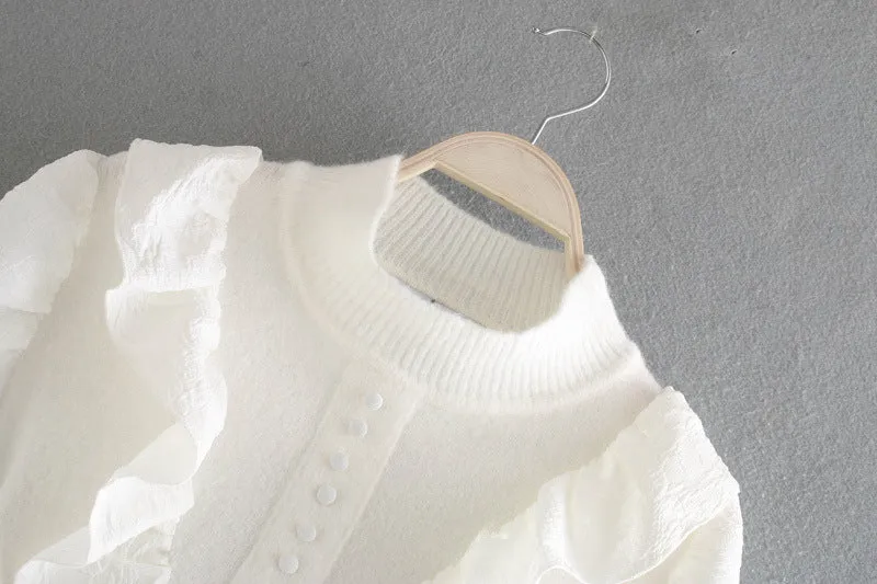 Elastic Sleeve Ruffled High-collared Laminated Sweaters Blouses
