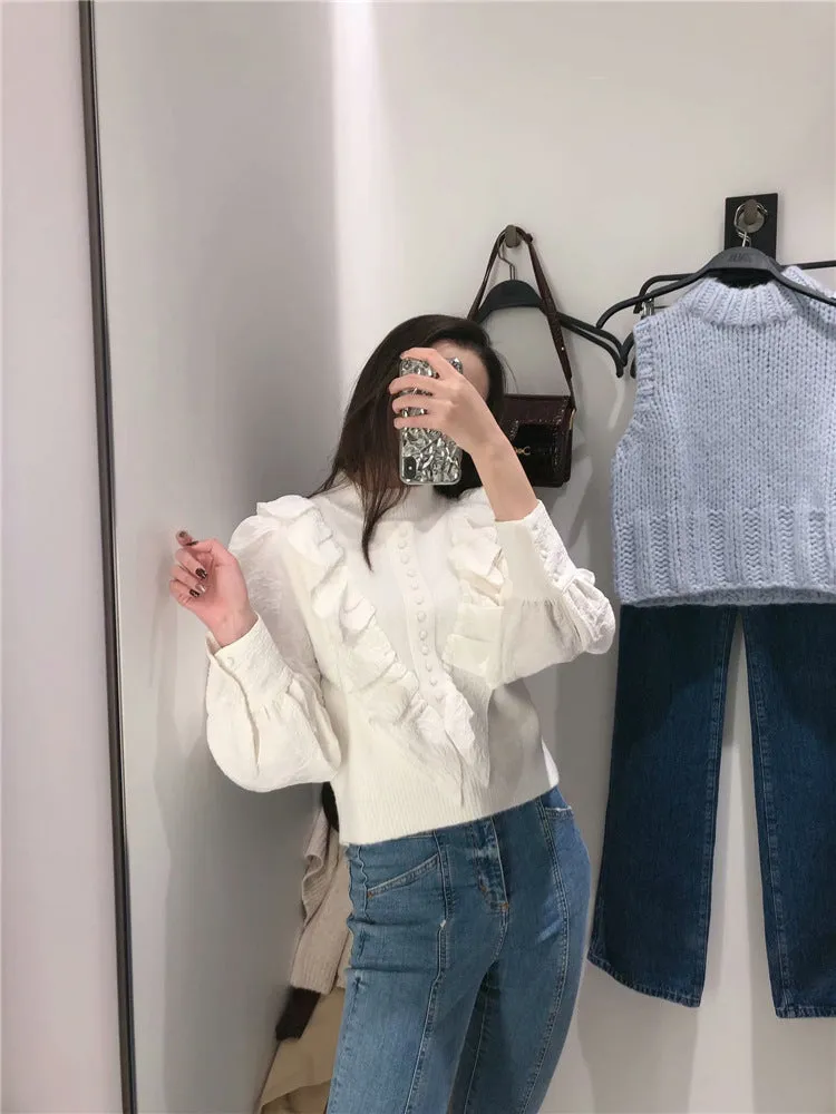 Elastic Sleeve Ruffled High-collared Laminated Sweaters Blouses