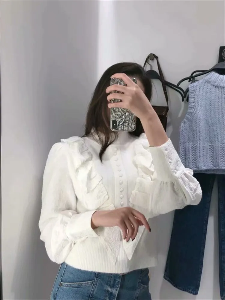 Elastic Sleeve Ruffled High-collared Laminated Sweaters Blouses
