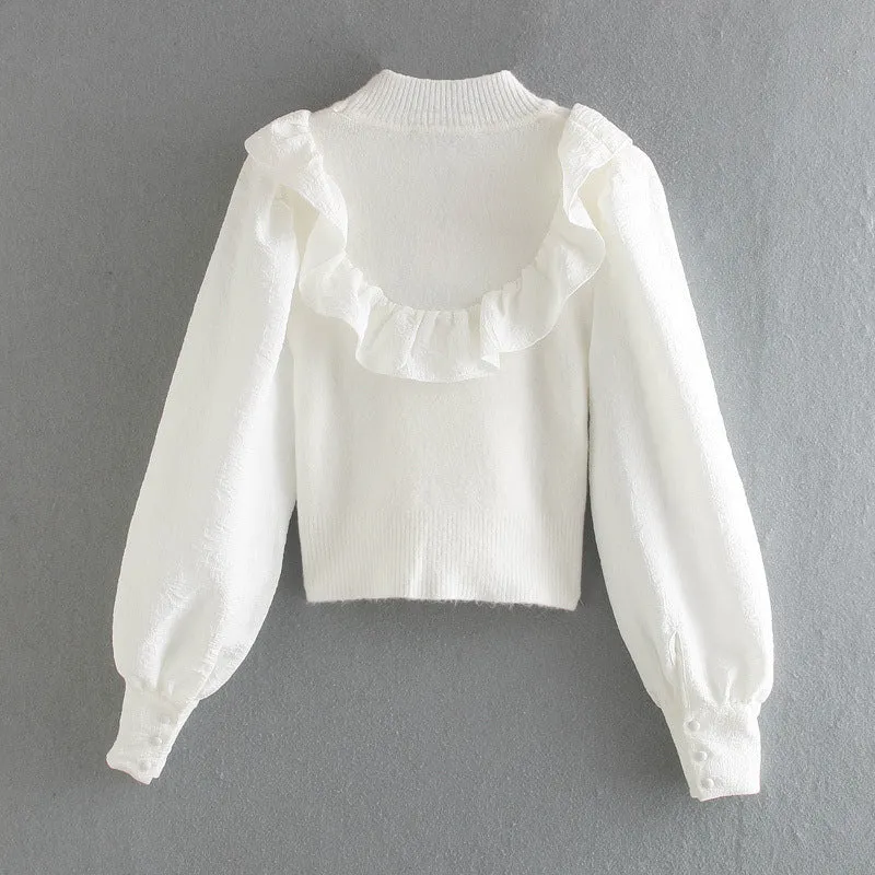 Elastic Sleeve Ruffled High-collared Laminated Sweaters Blouses