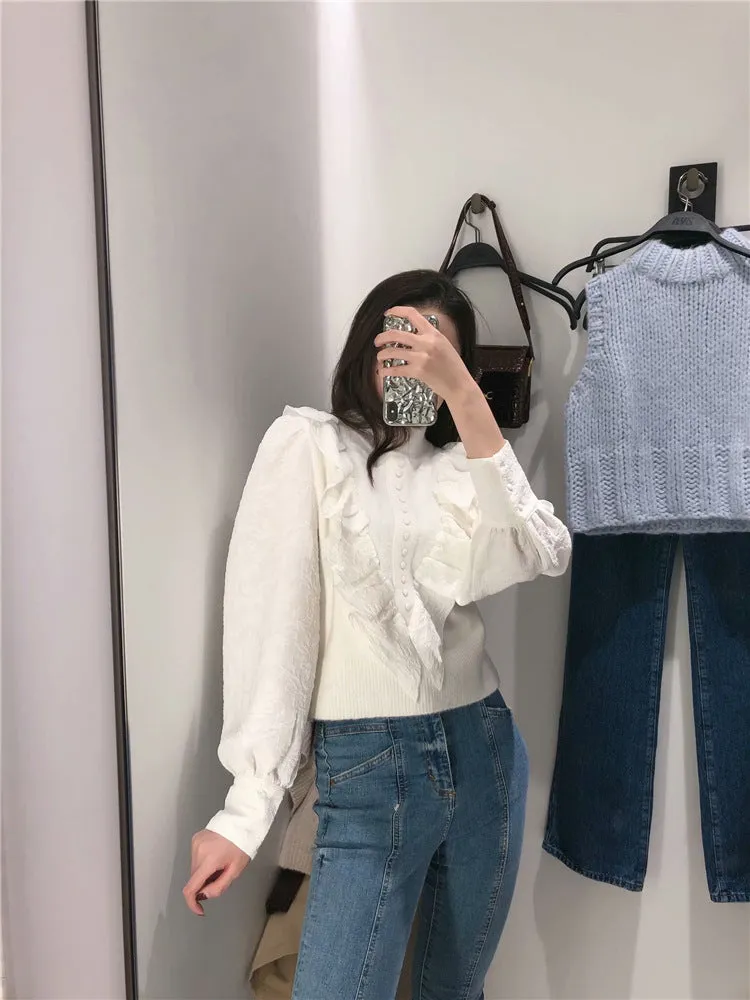 Elastic Sleeve Ruffled High-collared Laminated Sweaters Blouses