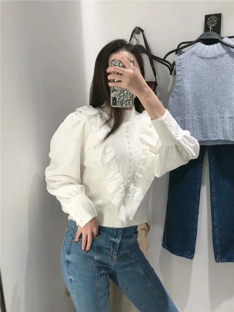 Elastic Sleeve Ruffled High-collared Laminated Sweaters Blouses