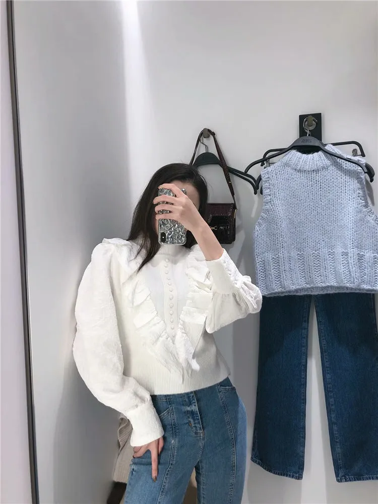 Elastic Sleeve Ruffled High-collared Laminated Sweaters Blouses