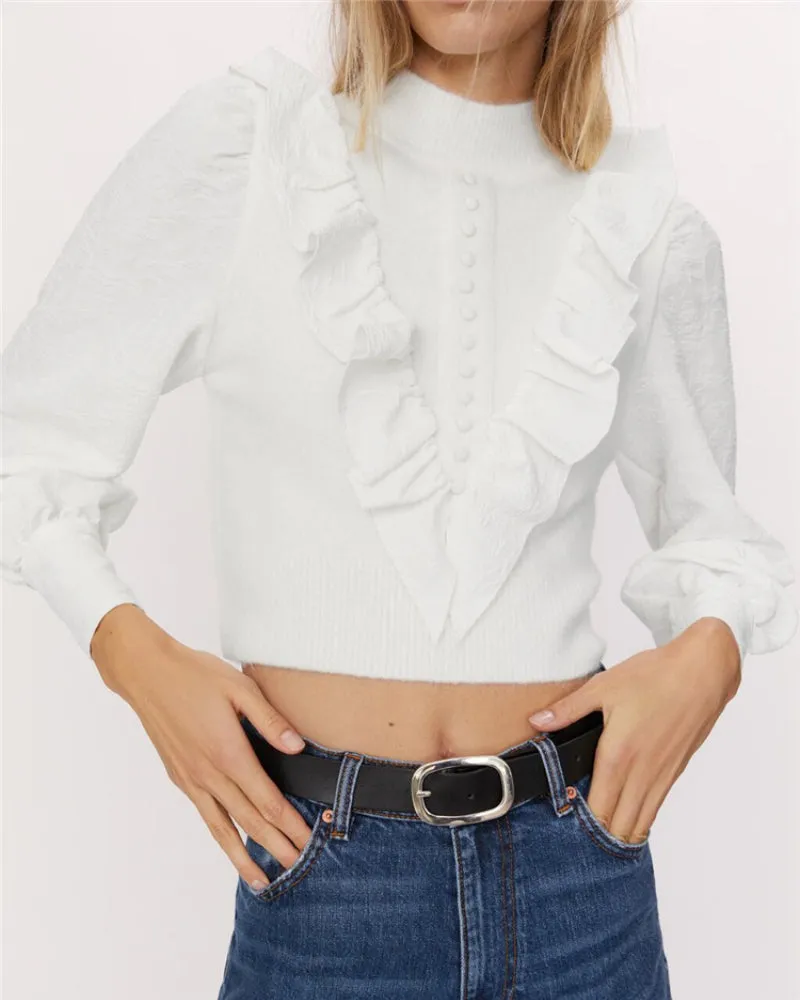 Elastic Sleeve Ruffled High-collared Laminated Sweaters Blouses