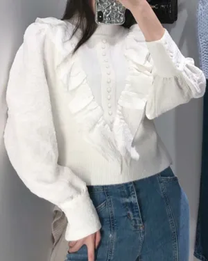 Elastic Sleeve Ruffled High-collared Laminated Sweaters Blouses