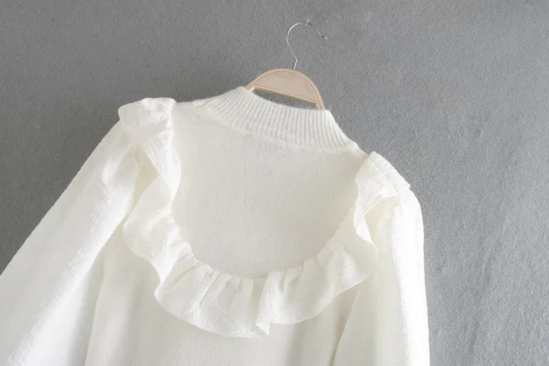 Elastic Sleeve Ruffled High-collared Laminated Sweaters Blouses