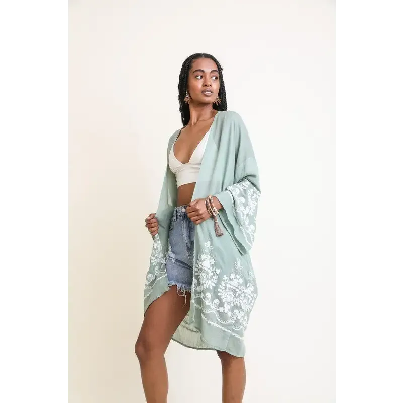 Embroidered Floral Vine Lightweight Kimono