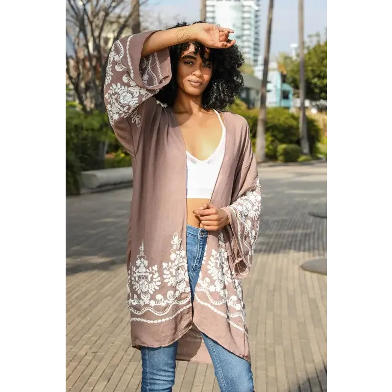 Embroidered Floral Vine Lightweight Kimono