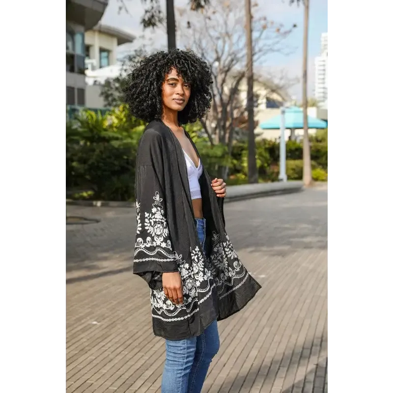 Embroidered Floral Vine Lightweight Kimono