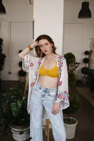 Embroidered Kimono, Spring Floral Embroidered Kimonos in Olive Green