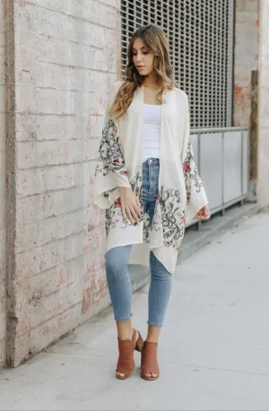 Embroidered Kimono, Spring Summer Autumn Floral Embroidered Kimonos in Ivory Beige