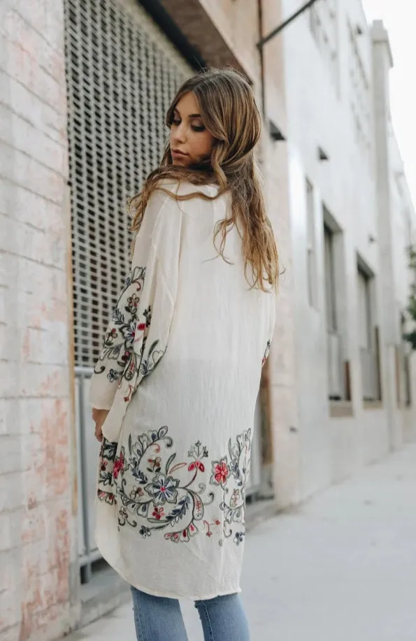 Embroidered Kimono, Spring Summer Autumn Floral Embroidered Kimonos in Ivory Beige